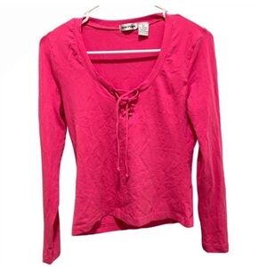 Red Paint Top Women vtg Shirt Long Sleeve Hot Pink Slim Fit Stretch Tie Neck